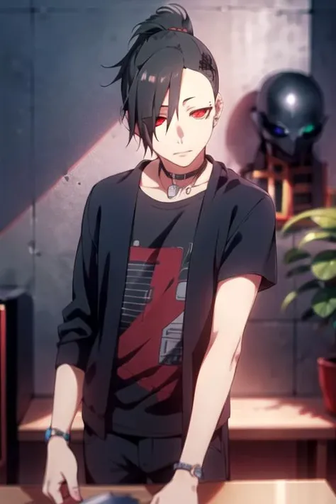 masterpiece, best quality, movie still, 1boy, solo, male focus, looking at viewer, , depth of field, ligne claire, , <lora:uta_tokyo_ghoul:0.66>, uta_tokyo_ghoul, black hair, red eyes, , ponytail, , fantasy,