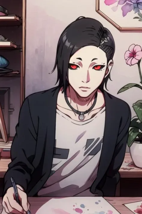 masterpiece, best quality, wallpaper, 1boy, solo, male focus, looking at viewer, upper body, depth of field, (watercolor illustration, soft pastel colors:1.1), , <lora:uta_tokyo_ghoul:0.70>, uta_tokyo_ghoul, black hair, red eyes, , , jacket, , Enchanting Luminescence,