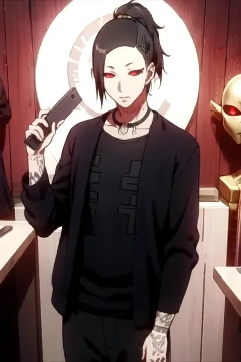 tired apathetic girl wearing black urban style clothes with jewelry with finger gun to head, there are cus on her body, sitting, (one arm resting:1.4), expressionless, magenta hair, (hair slicked back, hair flaps:1.3), light purple eyes, (bags under eyes:1.3), gunshots, (wall with bullet holes:1.3), (blood splatter:1.3), wisps of smoke, dark background, dark lighting, incredibly absurdres, 8k wallpaper, amazing details, finely detailed background, amazing background