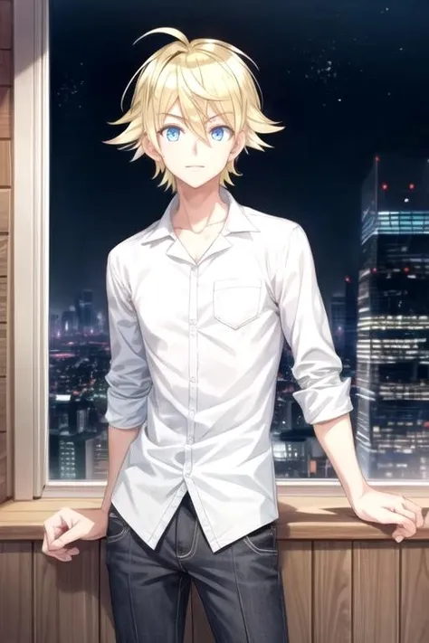 masterpiece, best quality, , 1boy, solo, male focus, looking at viewer, , , anime coloring, , <lora:chika_shinmoto:0.66>, chika_shinmoto, blonde hair, blue eyes, , , social science fiction, 16k resolution