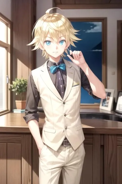 masterpiece, best quality, , 1boy, solo, male focus, looking at viewer, , depth of field, , , <lora:chika_shinmoto:0.68>, chika_shinmoto, blonde hair, aqua eyes, butler costume, ,