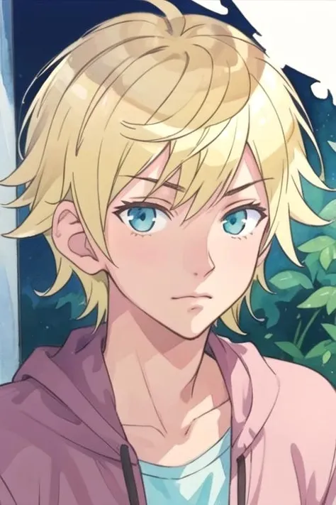 masterpiece, best quality, wallpaper, 1boy, solo, male focus, looking at viewer, upper body, depth of field, (watercolor illustration, soft pastel colors:1.1), realistic, <lora:chika_shinmoto:0.70>, chika_shinmoto, blonde hair, aqua eyes, , , ,