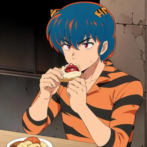 <lora:Rei001:0.7>,solo,
Rei,1boy,
tiger print bodysuit,eating,