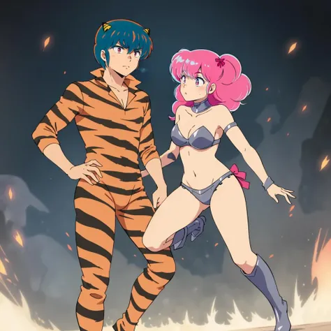 <lora:Rei001:0.7>,
ADDBASE,2 people,
Rei,1boy,
tiger print bodysuit,boots,
ADDCOL,2 people,
Ran,1girl,pink hair,
choker,bikini armor,bracer,
silver long boots,