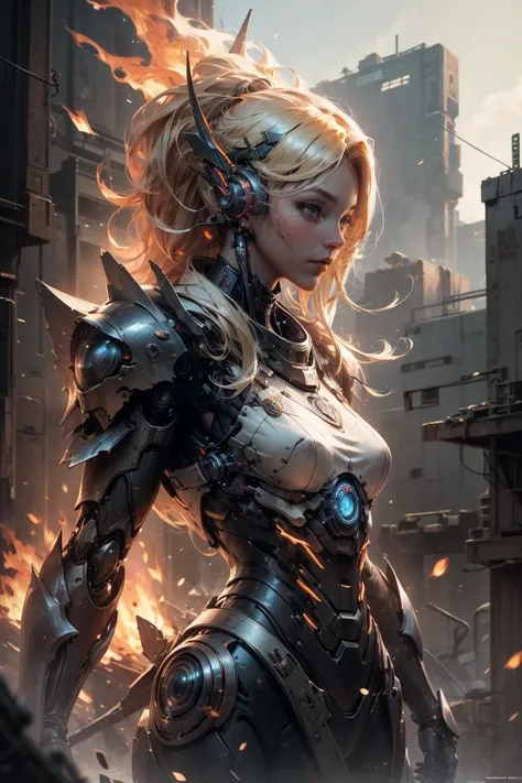 physically-based rendering,cinematic shot,best quality, masterpiece, realistic,1girl, beautiful ,black armour,mecha,cyberpunk,blonde hair, fantastical creature,bule fire, <lora:on_fire:0.5>