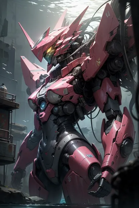 best quality,masterpiece,realistic,sky,night,1girl, pink mecha_robot,relic scenes,underwater,cyberpunk,(neon lights:0.7),rim lighting,school of fish,transformers style