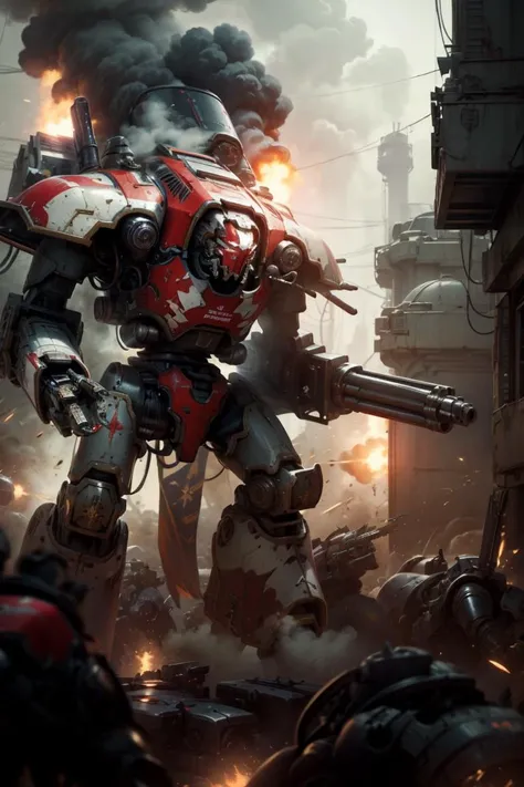 Unreal Engine,best quality,masterpiece,realistic,sky,mecha,warlord titan, gun, firing, chaos, body, scartches, red colorway, shoulder cannon, arm cannon, gattling gun,in the background, firing, army, battle,cyberpunk,rim lighting,relic,volume fog, <lora:Titans MK1 by CARAXES:0.5>