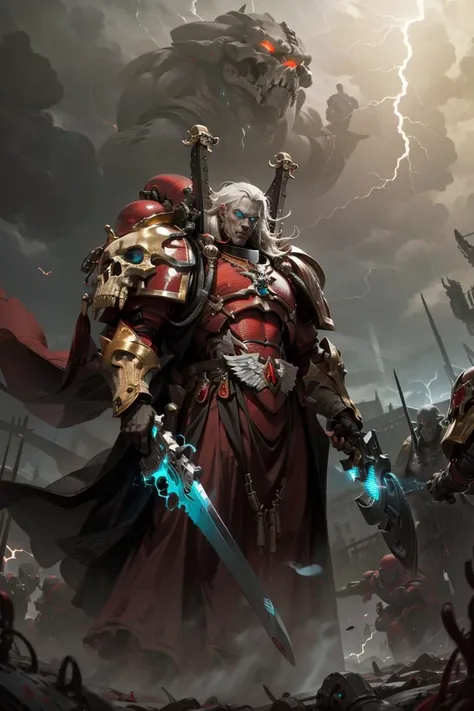(masterpiece:1.2), (best quality:1.2), extremely detailed, cowboy shot, action shot, 1boy, man, mephiston, <lora:MEPHISTON MK1.5 by CARAXES:0.75> long white hair, vampiric features, muscular, tall stature, foreboding, glowing eyes, blue eyes, cybernetic attachment, blood red armor, gold trimmings, skull pauldron, tabard, torn cape, gauntlets, black fur, plate armor, full armor, left hand holding gun, right hand holding giant sword, casting lightning magic, in the middle of battle, red lightning, thunderstorm background, horror-esque scenery,