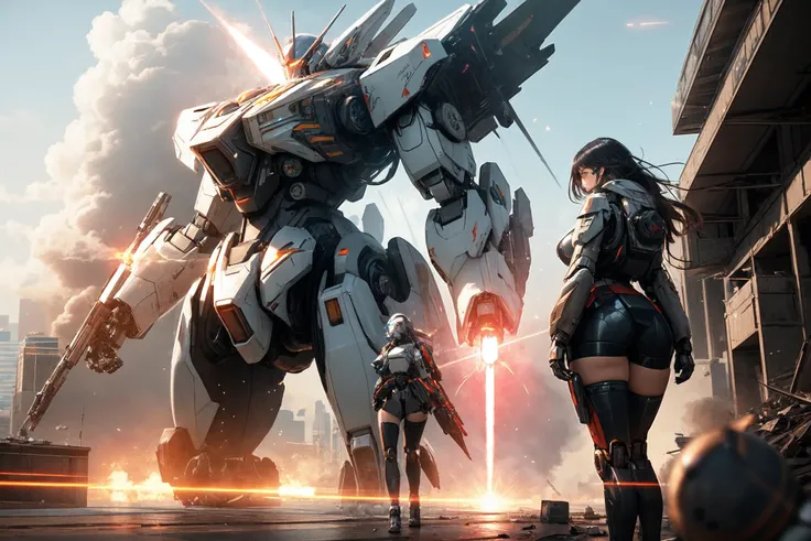 ((​masterpiece, best quality)), Illustration, ultra-detailed 8K, realisti, Clear focus, muito detalhado, professional lightning, colorful details, Rainbow colors BREAK Factory Super Totale, (1 large mechanical robot), microchip, computers, luminescence, Intricate detailing, Shitu-mecha, 1 girl in the lower scale stands in front of the viewer, navel
