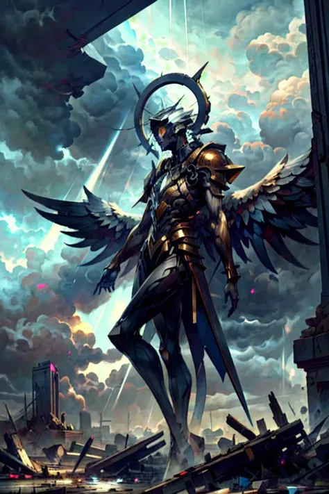 realism, highres, A broken machine with metalic wings stands in a destroyed sky city, storm, storm cloud, (color contrast), sunbeam, <lora:MohrbacherV1:0.7>
