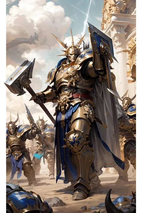 illustration,of stormcast,liberator,full armor,full face helmet,full metal armor,wearing intricate ornamented metal armor and mask,epic,full metal armor,blue pelvic curtain,bronze trimmings,tall stature,muscular,golden helmet with spikes,stormcast,army,battle,fighting,war,holding,weapon,multiple boys,horns,sword,cloud,cape,holding weapon,armor,full armor,mask,helmet mask,holding hammer,warhammer,helmet,shield,6+boys,horned helmet,<lora:UnlimitedBladeWorks1.6:1>,<lora:Stormcast Eternals MK1 by CCARAXESS:0.7>,