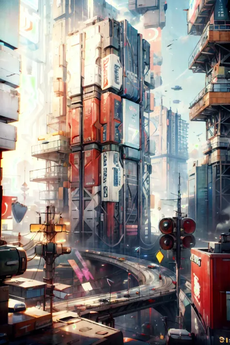 a futuristic building with a large screen and a car in the middle of the building and a lot of lights, Eve Ryder, unreal engine 5 rendered, concept art, retrofuturism, building, city, long_hair, scenery, 2077_Style, <lora:2077_Style:1>
