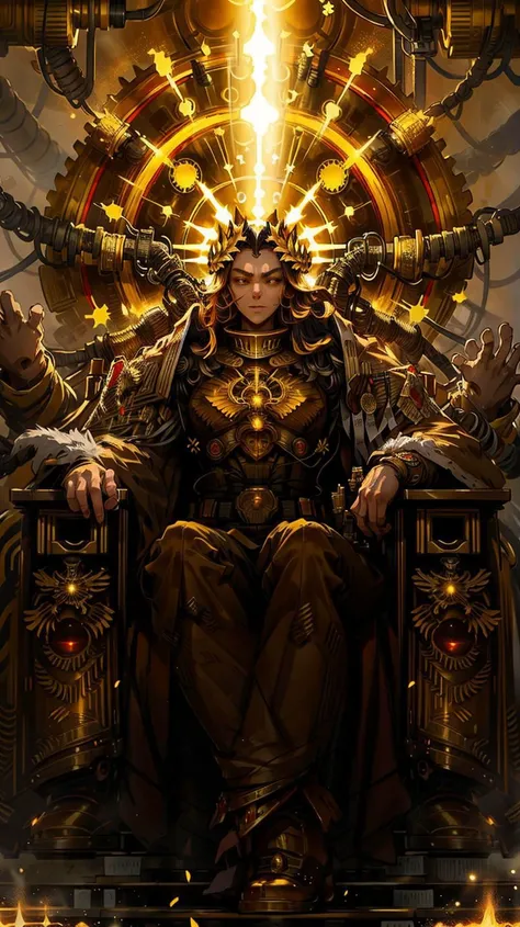 female emperor_of_man sitting on a golden throne,golden aura,laurel crown,rim lighting,<lora:THE EMPEROR OF MANKIND MK1 by CCARAXESS:1>,pipes,wires,gears,throne room,gold aura,