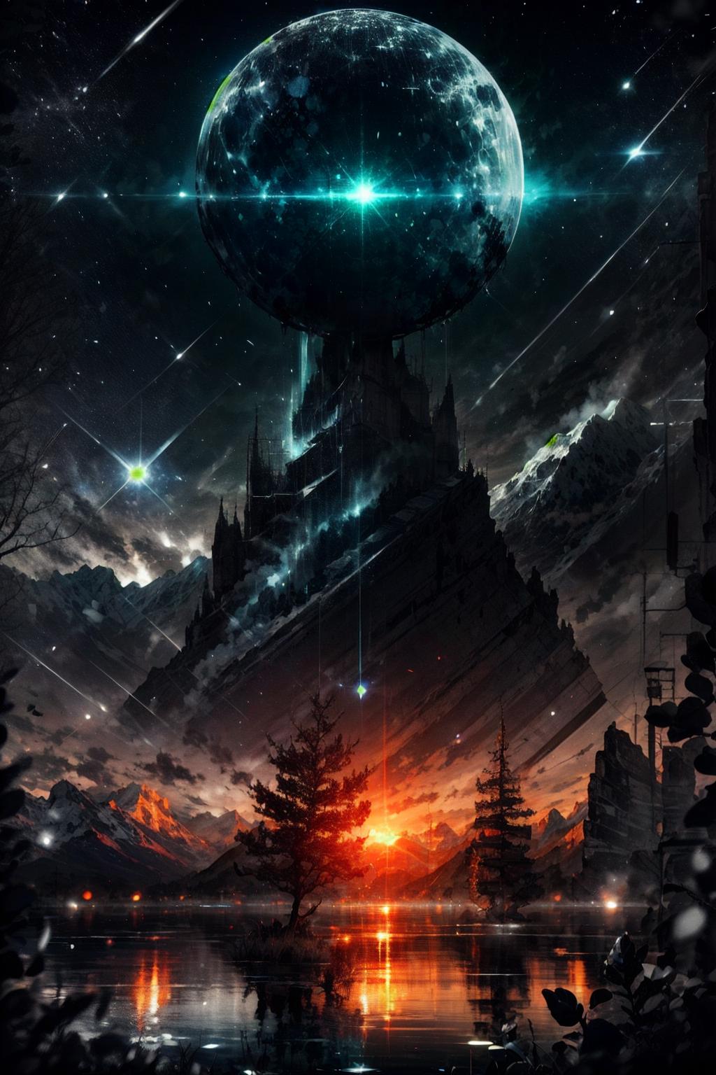 A futuristic landscape with a giant moon and a lake - SeaArt AI