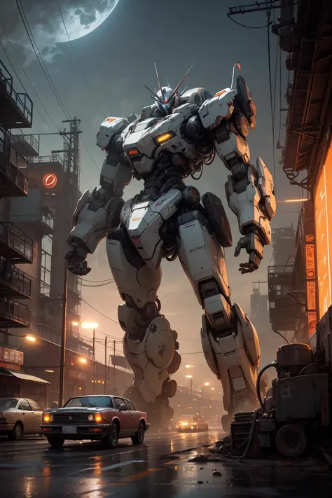 best quality, masterpiece, realistic,sky,night,car robot,mecha_robot,relic scenes,neon lights,industry building