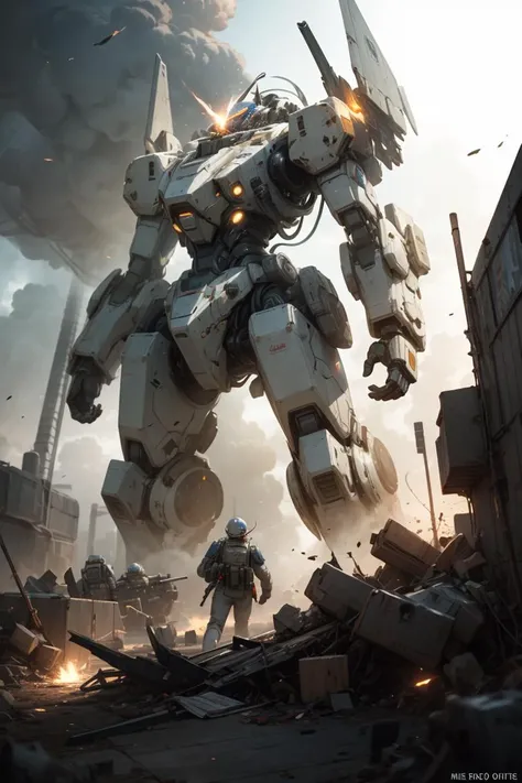 Unreal Engine,cinematic shot,best quality, masterpiece, realistic,science_fiction,sci-fi,dim light,glowing_eyes, (explosion sparks:0.5), (Lens Flare:0.5),(lightsaber:0.8),volume fog,mecha_robot,debris,many soldiers fight,ufo, relic,industry building