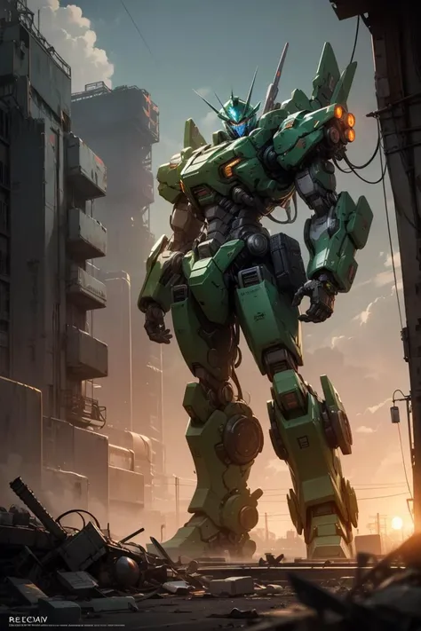 best quality,masterpiece,realistic,sky,night,1man, green mecha_robot,relic scenes,cyberpunk,(neon lights:0.7),rim lighting,transformers style