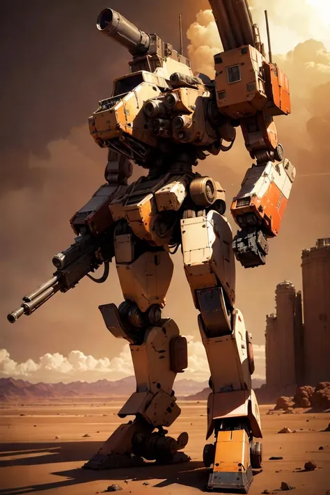 (photorealistic:1.4), best quality, masterpiece, light and shadow, dramatic lighting,( mecha28, mecha, robot,:0.8) weapon, no humans, gun, solo, radio antenna, cannon, machine gun, missile pod, machinery, realistic, shoulder cannon, black skin, standing, cockpit windows <lora:mechav11_lora_34800:0.8>,Mars Land,scenery