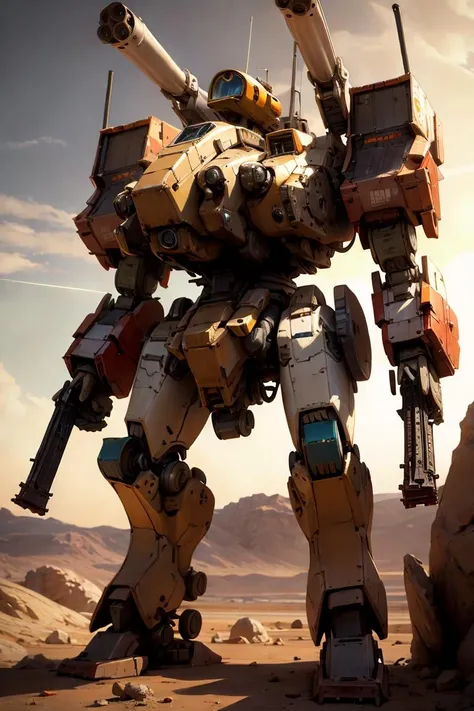 (photorealistic:1.4), best quality, masterpiece, light and shadow, dramatic lighting,, mecha28, mecha, robot, weapon, no humans, gun, solo, white background, radio antenna, cannon, machine gun, missile pod, machinery, realistic, shoulder cannon, black skin, standing, cockpit windows <lora:mechav11_lora_34800:0.8>,Mars Land,scenery