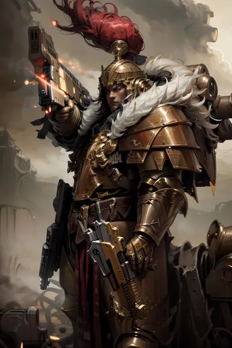 masterpiece,best quality,high quality, <lyco:GoodHands-beta2:1.0>   1boy, (detailed face:1.3),wearing thunderwarrior armor, helmet details, red plume, full armor, gold armor,  gold trimmings, cape, fur trim, holding gun, pointing gun, tall stature, battle, army, firing, gun, sandstorm, dune,debris, dark ambiance,  <lora:THUNDERWARRIORS MK1 by CARAXES:1>, <lora:more_details:0.3>,armor detail,scenery