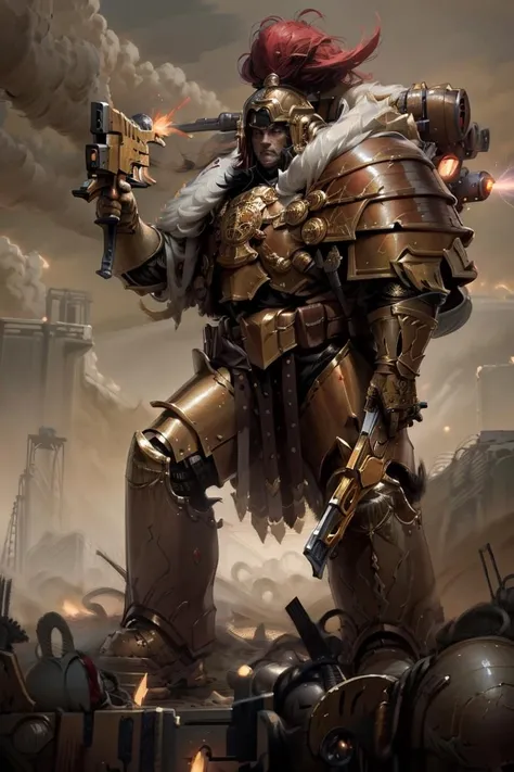 masterpiece,best quality,high quality, <lyco:GoodHands-beta2:1.0> 1boy, (detailed face:1.3),wearing thunderwarrior armor, helmet details, red plume, full armor, gold armor, gold trimmings, cape, fur trim, holding gun, pointing gun, tall stature, battle, army, firing, gun, sandstorm, dune,debris, dark ambiance, <lora:THUNDERWARRIORS MK1 by CARAXES:1>, <lora:more_details:0.3>,armor detail,scenery