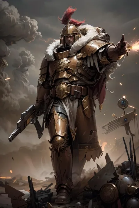 cinematic shot,masterpiece,best quality,high quality, <lyco:GoodHands-beta2:1.0>   1boy, (detailed face:1.3),wearing thunderwarrior armor, helmet details, red plume, full armor, gold armor,  gold trimmings, cape, fur trim, holding gun, pointing gun, tall stature, battle, army, firing, gun, sandstorm, dune,debris, dark ambiance,  <lora:THUNDERWARRIORS MK1 by CARAXES:0.8>, <lora:more_details:0.3>,armor detail,scenery