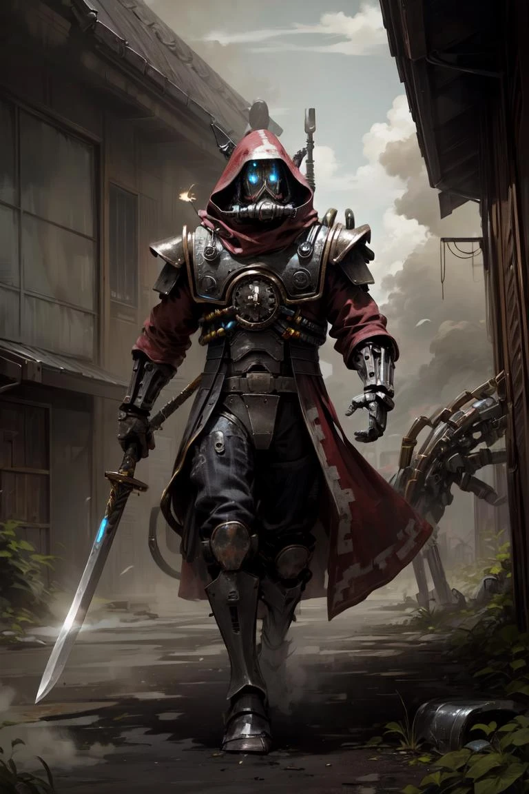 masterpiece, best quality, high quality,1boy,glowing eyes,upper body focus, skitarii warrior, hood down, wearing skitarii armor, full face helmet, pelvic curtain, extra mechanical appendages, walking, pointing, cyborg, mechanical arms detail, full armor, bronze trimmings, armor detail, gold trimmings, red robe, holding sword,dynamic action pose, sandstorm, dune, volume fog, Atmospheric Perspective,<lora:more_details:0.3>, <lora:Skitarii Guard MK1 by CARAXES:0.8>,