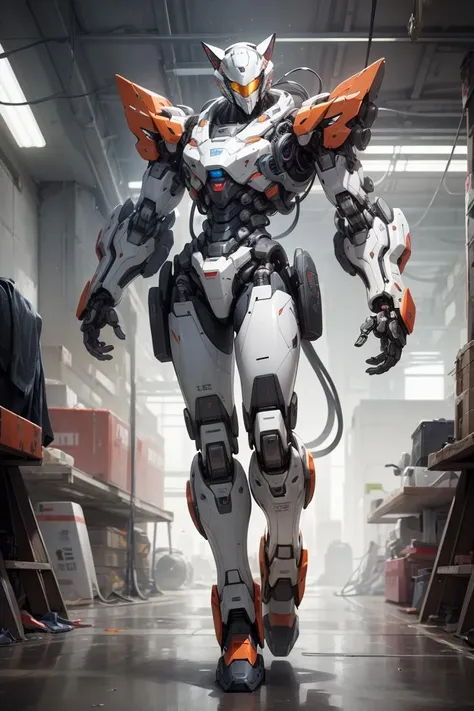 mecha, 1 mechanical boy, full body, robotic cat, robotic cat ear, mechanical face, robotic presence, cyberpunk, realistic, mechanical parts, robot joints, white full armor