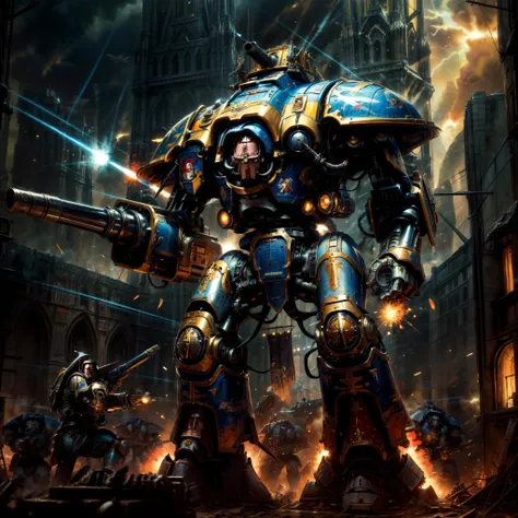 Generate a stunning art style, a true [masterpiece] [best quality] of art. It has [absurdres, high quality, ultra detail]. The image showcases [detailed linework], [dynamic shading], and [dramatic lighting], bringing to life a [dreading and dark atmosphere].
The [silhouette] of an warlord titan is to be seen on the [horizon]. It is covered with [laser gun,shoulder cannons, arm cannons, gatling gun, gun, huge gun].
Its majestic form [size difference, gigantic size, enormous, giant, towering over building, tall stature] towers above all.
Its appearance is characterised by [blue body, paint scratches, gold colorway]. He is in the middle of the battle and is [firing, charging forward] towards the enemy.
BREAK;
Many [astra militarum soldier and their silhouette] are to be seen with a [gohtic spire city] and [battle standard] in the background. In the air [valkyrie airplanes] are to be seen.
Armies fight each other [ firing, army, battle, in the middle of siege, heavy explosion, gun drone, from bellow].
The art style should capture the [post-apocalyptic setting] of the image and flare of the [warhammer 40k universum]. The overall mood of the image should be [grim], [warhammer 40k], with a sense of [melancholy], [loneliness], and [desolation], showing the complete scene.
<lora:Titans MK1 by CARAXES:0.7>  <lora:more_details:1>
