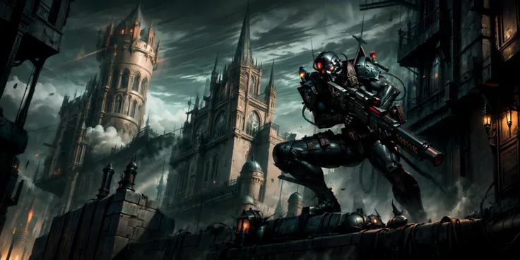Generate a stunning art style, a true [masterpiece] [best quality] of art. The image showcases [detailed linework], [dynamic shading], and [dramatic lighting], bringing to life a [dreading atmosphere, grim dark coloures] . In the background a [gothic spire hive city, warhammer 40k ] is to be seen in [grand:1.8, high-scale:1.8, panorama:1.8]  from  [from below].
A vindicare:1.3, solo:1.3 is [standing] in front of  the edge of a tower.  It is holding a [sniper rifle in its righthand]. It is wearing a [stunning bodysuit]  with a [mask]  which has a [red glowing visor].
<lora:more_details:1>  <lora:Officio Assassinorum MK1 by CARAXES:0.7>