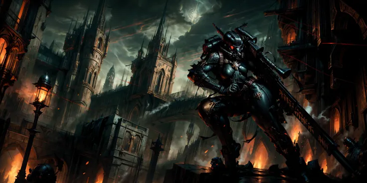 Generate a stunning art style, a true [masterpiece] [best quality] of art. The image showcases [detailed linework], [dynamic shading], and [dramatic lighting], bringing to life a [dreading atmosphere, grim dark coloures] . In the background a [gothic spire hive city, warhammer 40k ] is to be seen in [grand:1.8, high-scale:1.8, panorama:1.8]  from  [from below].
A vindicare:1.3, solo:1.3 is [standing] in front of  the edge of a tower.  It is holding a [sniper rifle in its righthand]. It is wearing a [stunning bodysuit]  with a [mask]  which has a [red glowing visor].
<lora:more_details:1>  <lora:Officio Assassinorum MK1 by CARAXES:0.7>