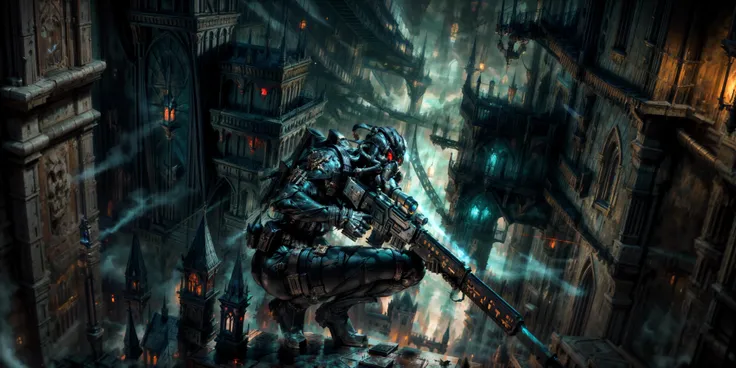 Generate a stunning art style, a true [masterpiece] [best quality] of art. The image showcases [detailed linework], [dynamic shading], and [dramatic lighting], bringing to life a [dreading atmosphere, grim dark coloures] . In the background a [gothic hive spire city, warhammer 40k] is to be seen in [grand:1.8, high-scale:1.8, panorama:1.8]  from  [from below].
A vindicare:1.3, solo:1.3 is [squatting, from from above ] in front of the edge of a tower. It is holding a [sniper rifle in its righthand]. It is wearing a [stunning bodysuit] with a [mask] which has a [red glowing visor].
<lora:more_details:1> <lora:Officio Assassinorum MK1 by CARAXES:0.7>