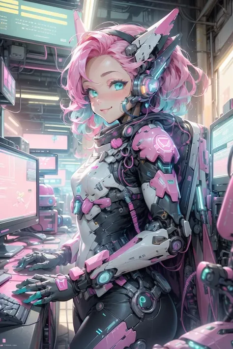 1girl, (female:1.2), young, cute face, finely detailed eyes and face, rosy pink hair, aqua eyes, looking at viewer, (electronic theme:1.1) futuristic hacker of evil high tech, gamer, smile, advanced technology, android, cybersuit, exosuit, hardsuit, mechasuit, mecha, techwear, keycard, cables, (holographic display:1.05), error message, computer, password, gamer room in the background, pink lights, cyber warfare, kawaiitech, pastel colors, kawaii, scifi,  cowboy shot, finely detailed background, Depth of Field, VFX <lora:Niji:0.5>,<lora:KawaiiTech:0.8>