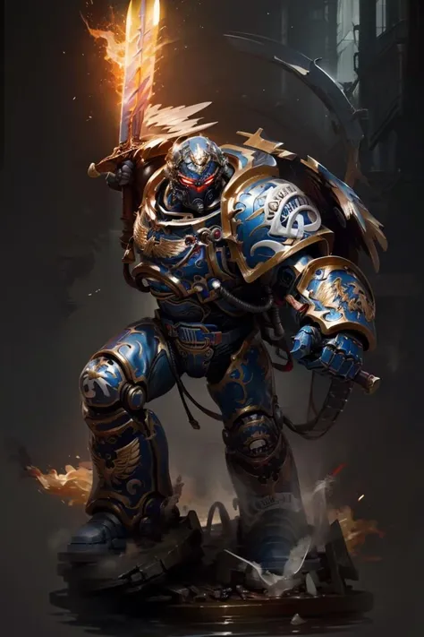 (highly detailed:1.4), digital render, smooth, sharp focus, full body 8k render, action shot, realistic reflections, cinematic composition, 1man, ((solo:1.3)), helmet detail, helm detail, glowing red eyes, (tall stature:1.1) guilliman, ammunition belt, arm cannon, holding sword, flaming sword, full armor. <lora:Guilliman MK1 by CARAXES:0.8>, <lora:Alex-000012:0.2>