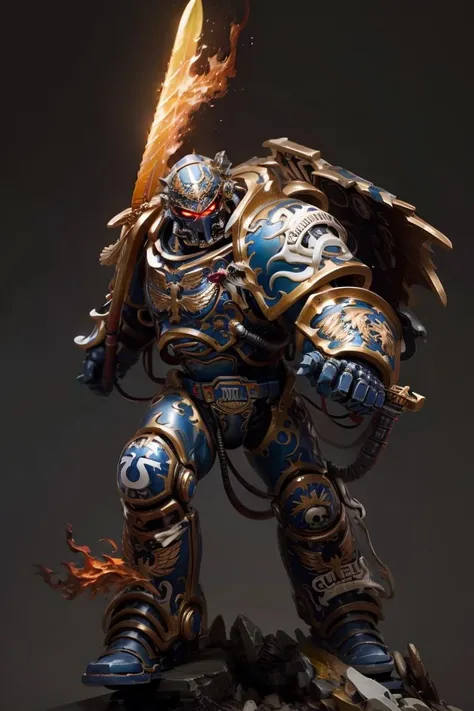 volumetric cinematic lighting, (highly detailed:1.4), digital render, smooth, sharp focus, full body 8k render, action shot, realistic reflections, cinematic composition, 1man, ((solo:1.3)), helmet detail, helm detail, glowing red eyes, (tall stature:1.1) guilliman, ammunition belt, arm cannon, holding sword, flaming sword, full armor. detailed armor, gold trimmings, firing, <lora:Guilliman MK1 by CARAXES:0.8>