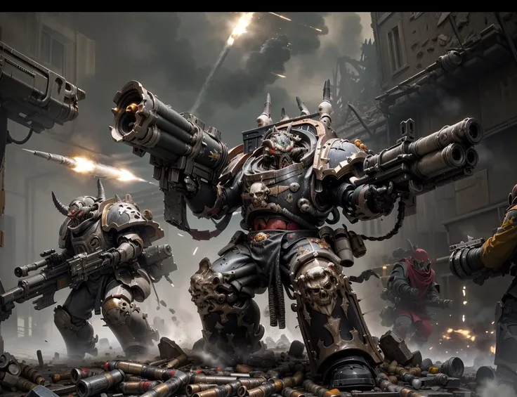 (masterpiece, absurdes, high quality, concept art, HD:1.5), epic illustration, highly detailed, action shot,
solo, 1boy,
illustration of black legion, terminator armor, army,
glowing red eyes, TALL_STATURE, spikes, skull, shoulder spikes, severed head decorations, horned helmet,
(assult, firing, battle formation:1.3), firing, shell casing,
detailed weapon, (huge_arm_cannon, ammunition belt, rocket launcher, helmet, gun, rifle, shell casing:1.2),
visible jet pack,
battle, multipleboys, battlefield, fighting, ravaging, firing, firing cannon on top of ashes of ruined castle, burnt building debris, dead bodies, death,
<lora:Abbadon and The Black Legion MK1 by CARAXES:0.75> <lora:tool - more_details:0.5>