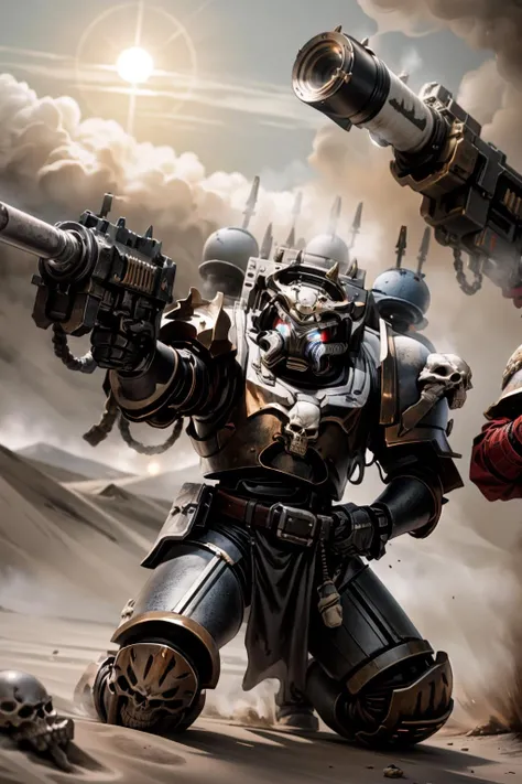 comics style, cowboy shot, photo of a group of  terminator armor space marines, wearing full armor, skull_ornaments, glowing eyes, tusk, spikes, helmet, helm details, skull, ammunition_belt, gold detail armor, armor detail, metal trimmings, holding_gun, arm_cannon, gattling_gun, shoulder_cannon, 
battle, army, firing, multipleboys, one-knee, firing_gun, shell_casing, 
standing by desert storm, sandstorm, dune, dark ambiance,  ((dawn:1.2)), dim sun light,     <lora:tool - add_detail:0.6>   <lora:Abbadon and The Black Legion MK1 by CARAXES:0.8>