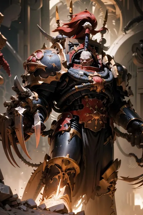 Close-up of Warhammer with sword and helmet, chaos marine, warhammer emperium style, heavy metal armor, chaos space marine, warhammer style, heavily armored, Intricate metal armor, heavy fantasy armor, intricate assasin mecha armor, Wearing the armor of worry, silver and gold heavy armor, warhammer art, Horne, deathwing, huge detail