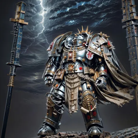 Generate a stunning art style, a true [masterpiece] [best quality] of art. The image showcases [detailed linework], [dynamic shading], and [dramatic lighting], bringing to life a [dreading atmosphere, grim dark coloures] . In the background a [gothic hive spire city, warhammer 40k] is to be seen in [grand:1.8, high-scale:1.8, panorama:1.8]  from  [from below]. A [((thunder storm:1.2)), midnight, horror ambiance] is raging.
gk solo is [(full body view:1.5), standing, from from above ] in front of the edge of a tower.  He is wearing a[stunning  terminator armor, full metal armor, helmet, intricate ornamented metal armor, ull metal armor, silver armor, bronze trimmings, tall stature, glowing eyes, helmet, cape, pelvic curtain ].  He is holding a[sword|shield|polearm|gun|hammer|rifle].
<lora:more_details:1>  <lora:Grey Knights MK1 by CARAXES:0.8>