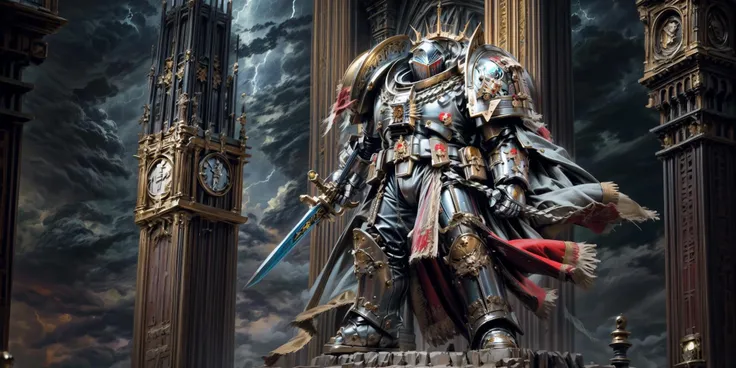 Generate a stunning art style, a true [masterpiece] [best quality] of art. The image showcases [detailed linework], [dynamic shading], and [dramatic lighting], bringing to life a [dreading atmosphere, grim dark coloures] . In the background a [gothic hive spire city, warhammer 40k] is to be seen in [grand:1.8, high-scale:1.8, panorama:1.8]  from  [from below]. A [((thunder storm:1.2)), midnight, horror ambiance] is raging.
gk solo is [(full body view:1.5), standing, from from above ] in front of the edge of a tower.  He is wearing a[stunning  terminator armor, full metal armor, helmet, intricate ornamented metal armor, ull metal armor, silver armor, bronze trimmings, tall stature, glowing eyes, helmet, cape, pelvic curtain ].  He is holding a[sword|shield|polearm|gun|hammer|rifle].
<lora:more_details:1>  <lora:Grey Knights MK1 by CARAXES:0.7>