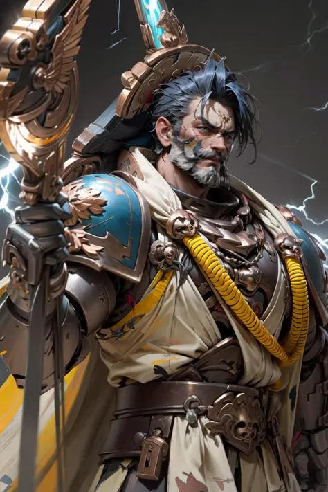 mature adult, illustration, of tigurius, ultramarine, iron halo, (tigurius:1.3), mechanical eye, full armor, full metal armor, wearing intricate ornamented metal armor, stern face, facial hair, solo, (male:1.2), epic, full metal armor, blue armor, power armor, white pelvic curtain, bronze trimmings, tall stature, muscular, blue pupils, manly, facial scar, holding weapon, staff, skull, robe, holding staff, electricity, magic, lightning ((upper body:1.3)) focus, close-up, <lora:ULTRAMARINES MK1 by CCARAXESS:0.75>