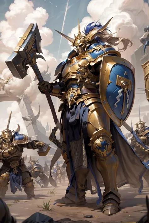 illustration,of stormcast,liberator,full armor,full face helmet,full metal armor,wearing intricate ornamented metal armor and mask,epic,full metal armor,blue pelvic curtain,bronze trimmings,tall stature,muscular,golden helmet with spikes,stormcast,army,battle,fighting,war,holding,weapon,multiple boys,horns,sword,cloud,cape,holding weapon,armor,full armor,mask,helmet mask,holding hammer,warhammer,helmet,shield,6+boys,horned helmet,<lora:UnlimitedBladeWorks1.6:1>,<lora:Stormcast Eternals MK1 by CCARAXESS:0.7>,