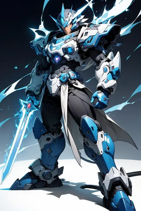 <lora:MMMM_Style:0.7>,standing,1boy,robot,armor looking at the viewer,blue and silver armor,electric cyber sword,intense,mmmm style,solo,simple background,masterpiece,