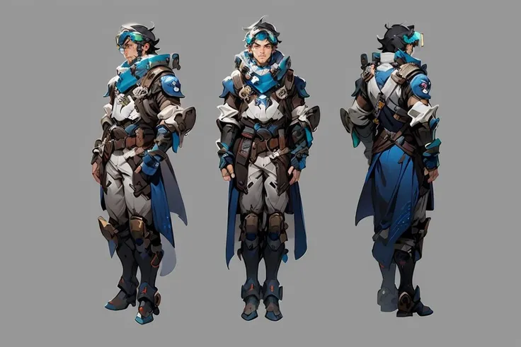 Multi View,Front View,Side View,Rear View,Reference Table,Realistic Style,Character Design,1boy,Male Focus,Gloves,Fingerless Gauntlet,White Background,Goggles,Boots,Full Body,Facial Hair,Belt,Simple Background,Armor,Standing,Sci-Fi Mech, <lora:xieshisanshitu:0.8>