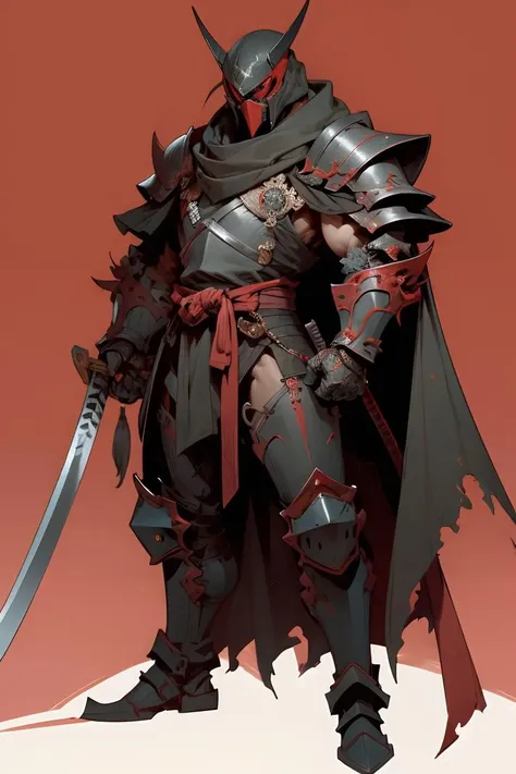 a man in a cape, samurai mask, heavy metal armor under the cape, metal SIC_OUTLINED, illustration, rough outlines, thick outlines <lora:SIC_outline_v1.01:0.8>, simple red background