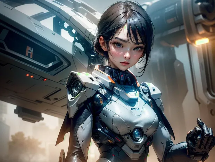 outdoor, ((upper body)), ((( wearing gray and black nano-suits)))+++, (wide hip:0.7, large breasts:0.8, perfect slender young girl body) ,Perfectly glossy skin ,25 yo mature girl, , picture of a vivid, (masterpiece:1.2),(extremely detailed),(8k:1.1),(perfect lighting,best quality,highres,original),(realistic photography:1.4) ,high detailed skin,shaded face, soft lighting, (small face),RAW, ultra highres, pores visible, , shiny_and_glossy_skin, asian beauty, (gorgeous beautiful 20 years old asian girl), ((best detailed slender body)), (asian idol, asian beauty, asian mixed), (complex, Machine background ,spaceship outdoors background, Mecha Transport parts:1.2), (dark and foggy environment:1.1), ((heavy fog environment:1.1)), (battlefield behind:1.2), <lora:JapaneseDollLikeness_v15:0.3>