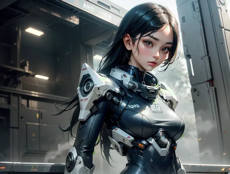 outdoor, ((upper body)), ((( wearing gray and black nano-suits)))+++, (wide hip:0.7, large breasts:0.8, perfect slender young girl body) ,Perfectly glossy skin ,25 yo mature girl, , picture of a vivid, (masterpiece:1.2),(extremely detailed),(8k:1.1),(perfect lighting,best quality,highres,original),(realistic photography:1.4) ,high detailed skin,shaded face, soft lighting, (small face),RAW, ultra highres, pores visible, , shiny_and_glossy_skin, asian beauty, (gorgeous beautiful 20 years old asian girl), ((best detailed slender body)), (asian idol, asian beauty, asian mixed), (complex, Machine background ,spaceship outdoors background, Mecha Transport parts:1.2), (dark and foggy environment:1.1), ((heavy fog environment:1.1)), (battlefield behind:1.2), <lora:JapaneseDollLikeness_v15:0.3>