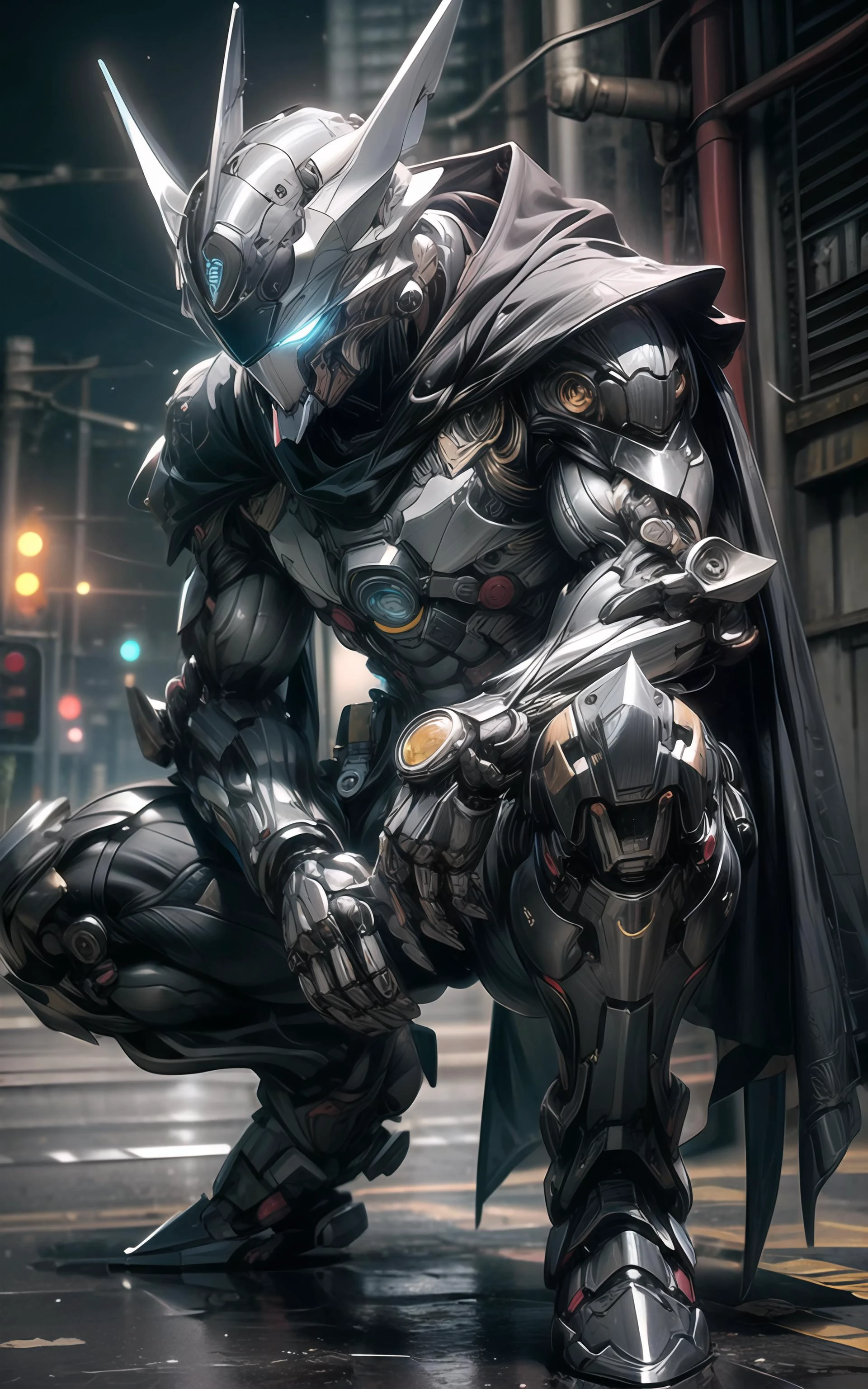 ((1boy,male focus,solo,muscular,pectorals,abs)),(Street Dance,breakdance,),(humanoid),military,camouflage armor,mechanical arm,blue -blue eyes,glowing_eye,(crouching start, ),
mechanical parts,headgear,full armor,detailed hand mechanical articulation,((looking_at_viewer)),( solo, cape, belt),( 3d, superhero, armor, realistic, rider belt, clenched hand),( bodysuit, helmet, clenched hands, black cape, tokusatsu, science fiction, black bodysuit, gloves),
weapon,wallpaper,huge filesize,grey_background,rendered in ultra-detailed 8k resolution using Unreal Engine,hyper realistic,intricate,masterpiece,Photorealistic,ultra detail,vibrant color,volumetric light,
black joint,robot_joints,robot,mecha,bodysuit,fortified suit,robot joints,<lora:more_details:0.8>,<lora:mecha_offset:0.4>,<lora:cnjj_20230628055345:0.4>,