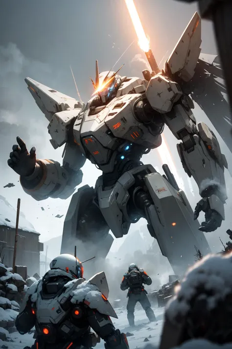 Unreal Engine,cinematic shot,best quality, masterpiece, realistic,,science_fiction,sci-fi,glowing_eyes, (explosion sparks:0.5), (Lens Flare:0.5),(lightsaber:0.8),volume fog,mecha_robot,debris,many soldiers fight,ufo, relic,snow mountain