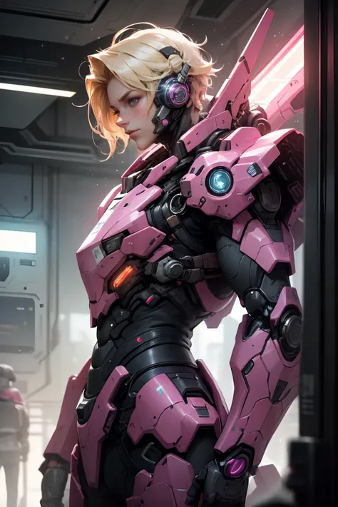 best quality,masterpiece,light particles,scifi,pink and blue holographic colors,cartoon rendering,cinematic shot,1boy,beautiful,black armour,mecha,cyberpunk,blonde hair